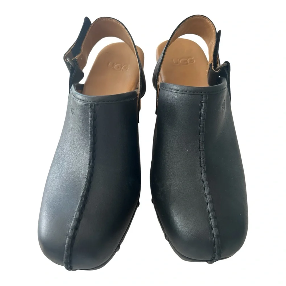 UGG Women’s Black Leather Platform Clog Slingback Heels Size 7 Wood Lug Sole - Picture 2 of 6